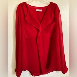 🌞Calvin Klein Red Adjustable Sleeve V-Neck Blouse #O